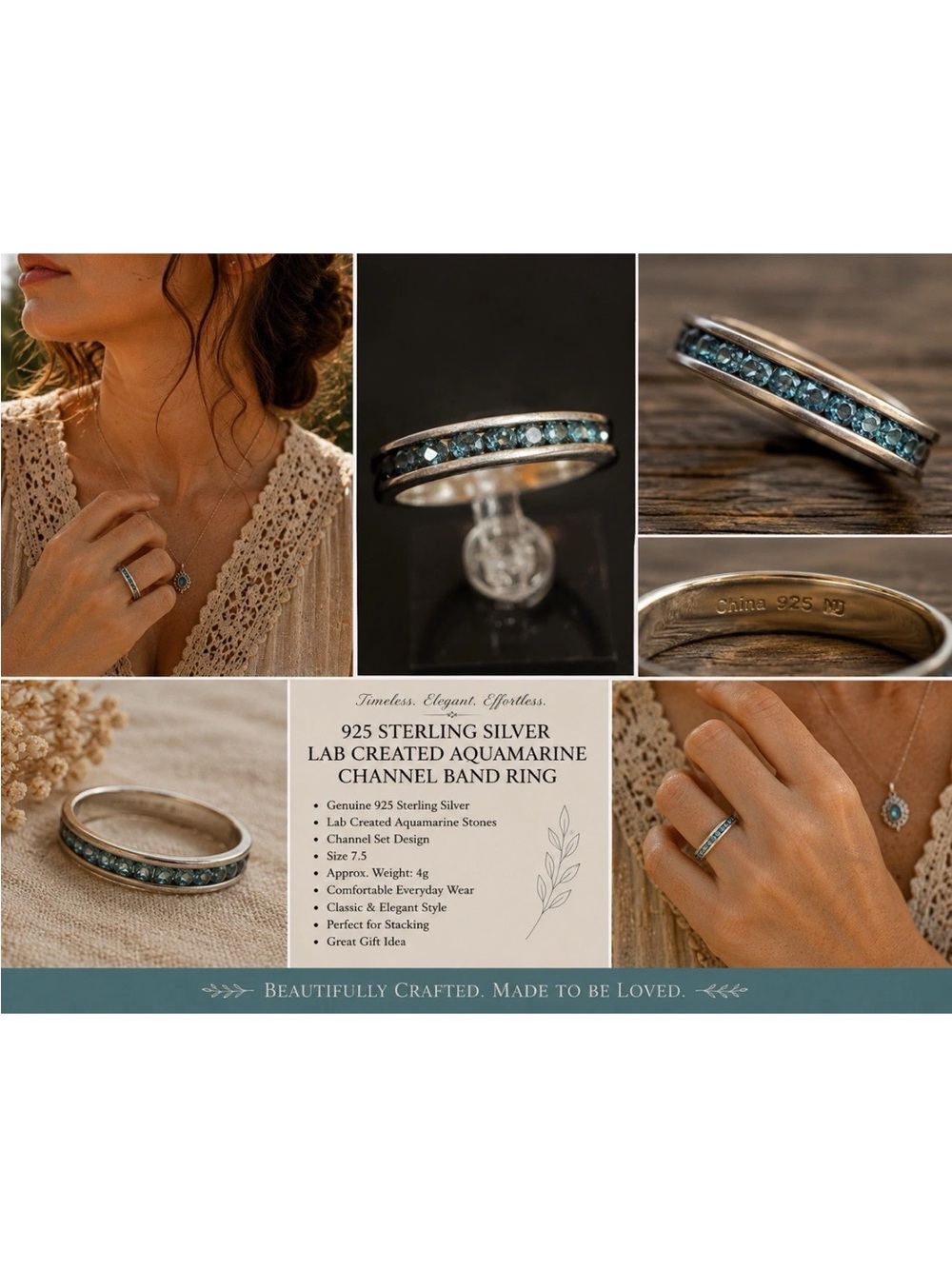 925 Sterling Silver Lab-Created Blue Aquamarine Channel Band Ring Size 7.5